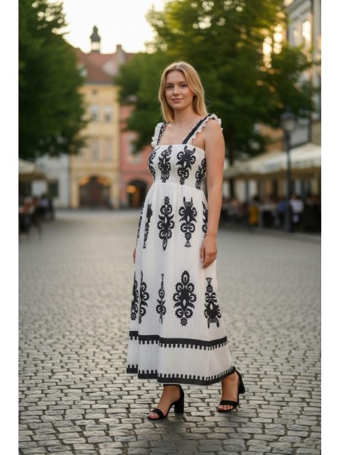 MADLEN vállpántos ruha - fehér/fekete