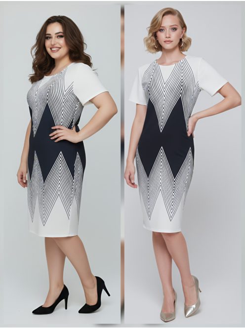 LUNA nagyméretű ruha (44-52) - fehér/sötétkék