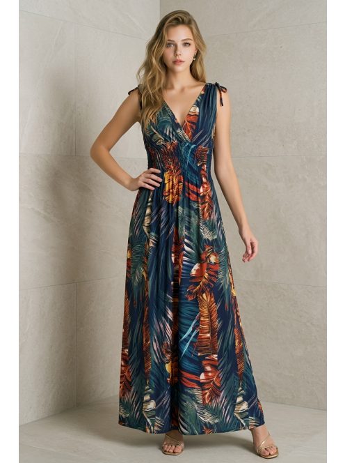 AMINA levélmintás maxiruha - kék/vörös