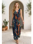 AMINA levélmintás maxiruha - kék/vörös