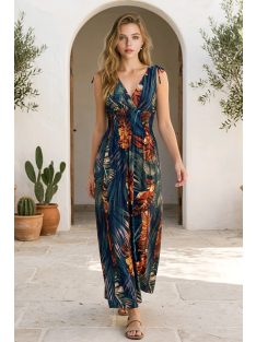 AMINA levélmintás maxiruha - kék/vörös