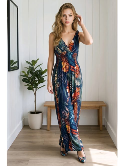 AMINA levélmintás maxiruha - kék/vörös