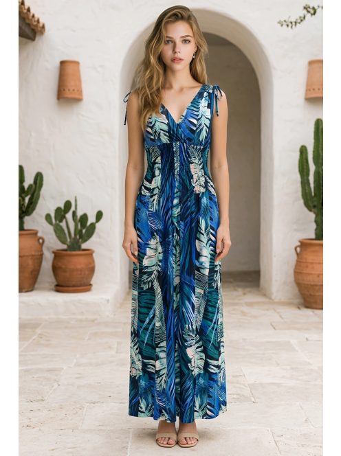 AMINA levélmintás maxiruha - kék/zöld