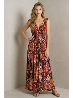 AMINA levélmintás maxiruha - vörös/sárga