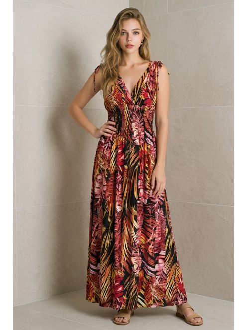 AMINA levélmintás maxiruha - vörös/sárga