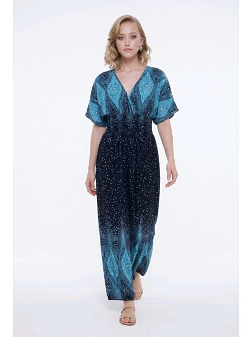 ANNI bordűrmintás maxiruha - türkiz