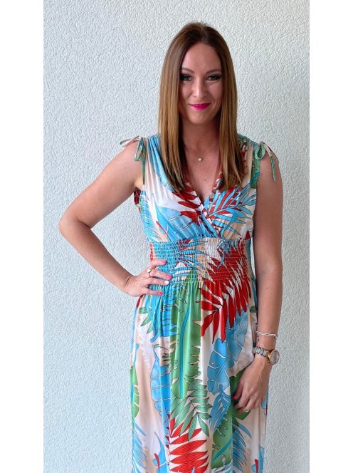AMINA levélmintás maxiruha - kék/piros