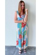 AMINA levélmintás maxiruha - kék/piros