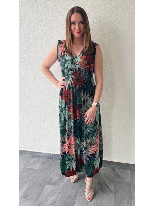 AMINA trópusi mintás maxiruha - vörös levéllel