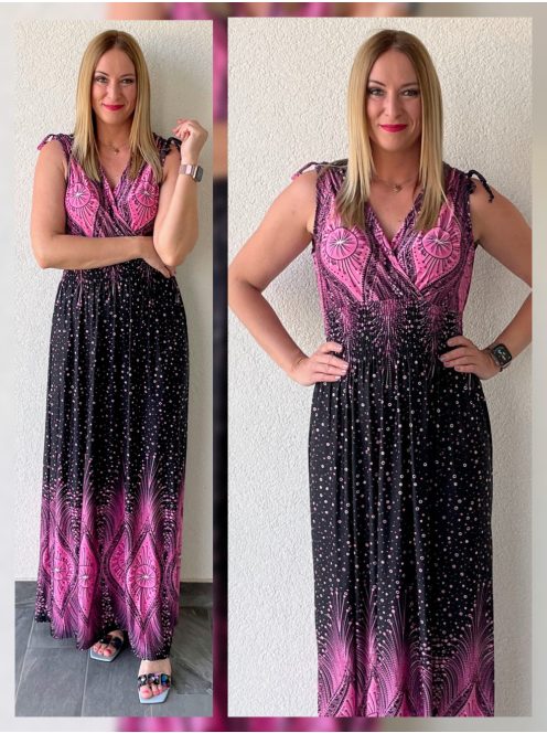 AMINA bordűrmintás maxiruha - pink mintával