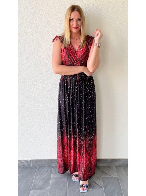 AMINA bordűrmintás maxiruha - piros mintával